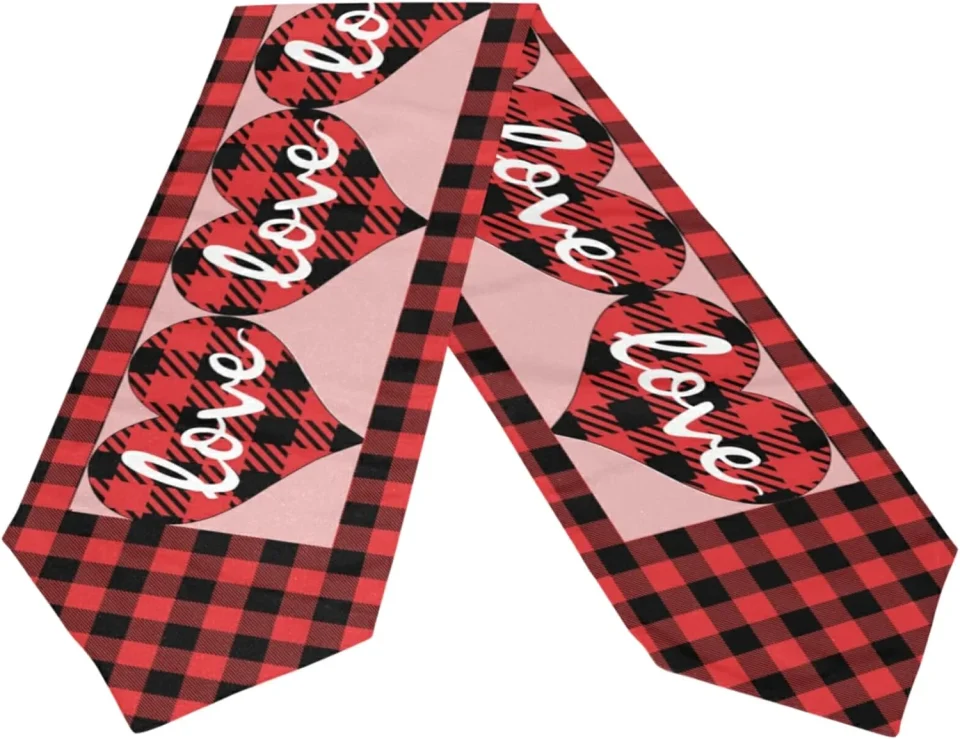 Food-Grade Portable GZHJMY Double Sided Valentine's Day Long Polyester Table Runner 13 x 90 Inches Plaid Hearts Love Table Cloth Cover Placemats for Kitchen Dinning Living Holiday Wedding Party Decor