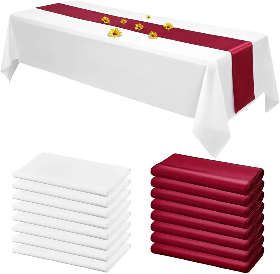 Stainless Steel 16 Packs White Plastic Tablecloth Burgundy Satin Table Runner Set 12x108 Inch Table Runners 54x109 Inch Plastic Table Cover Rectangle Table Cloths for Party Decorations, Birthday Celebration