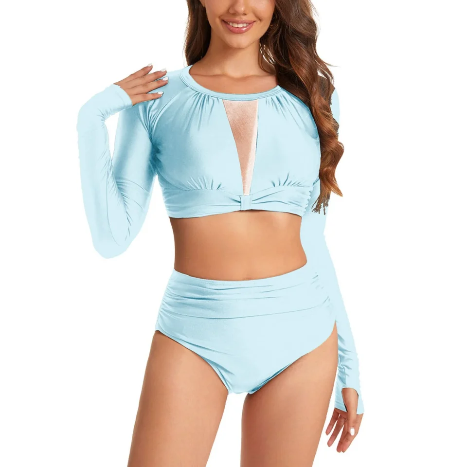 Healthy Gift-Ready Women's Two Piece Long Sleeve Rash Guard Sun Protection Solid Color Surfing Swimsuit Swimwear Bathing Suit