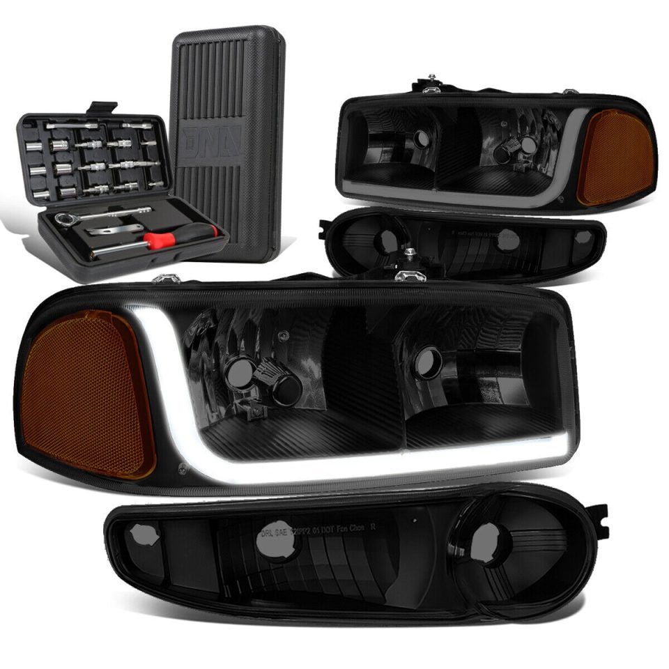 Pure Home 2001-2007 GMC Sierra LED Tube Tinted/Amber Headlights Bumper Lamp+Tool Box