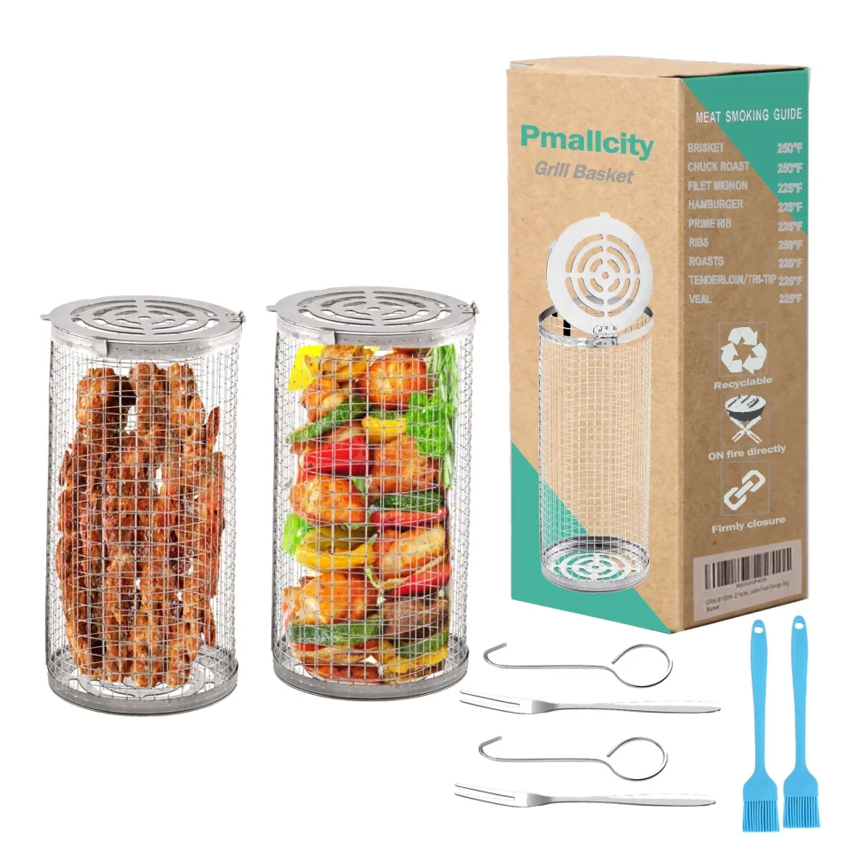 Non-Toxic Glass 2pcs Rolling Grilling Basket - Stainless Steel BBQ Grill Mesh for Vegetables, Fish and French Fries, Round Stainless Steel Grill Mesh (Pack of (L+L))
