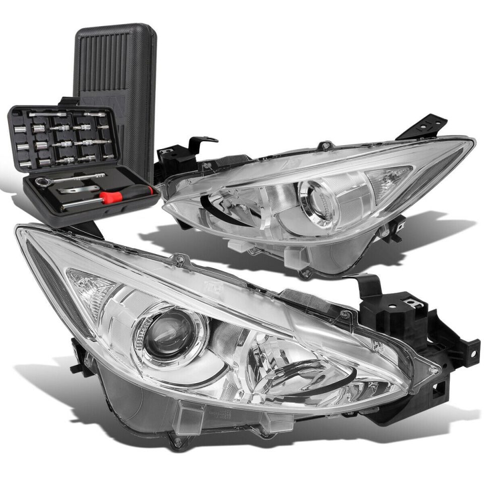 Wooden 2014-2016 Mazda 3 Pair Chrome Clear Signal Projector Headlight Lamp+Tool Box