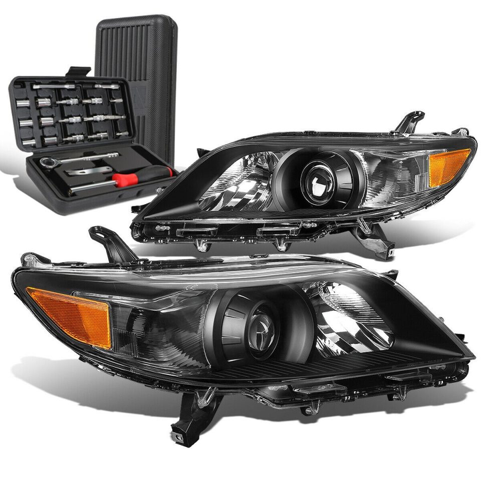Stainless Steel Polished 2011-2020 Toyota Sienna Black Amber Side Projector Headlight Lamp+Tool Box