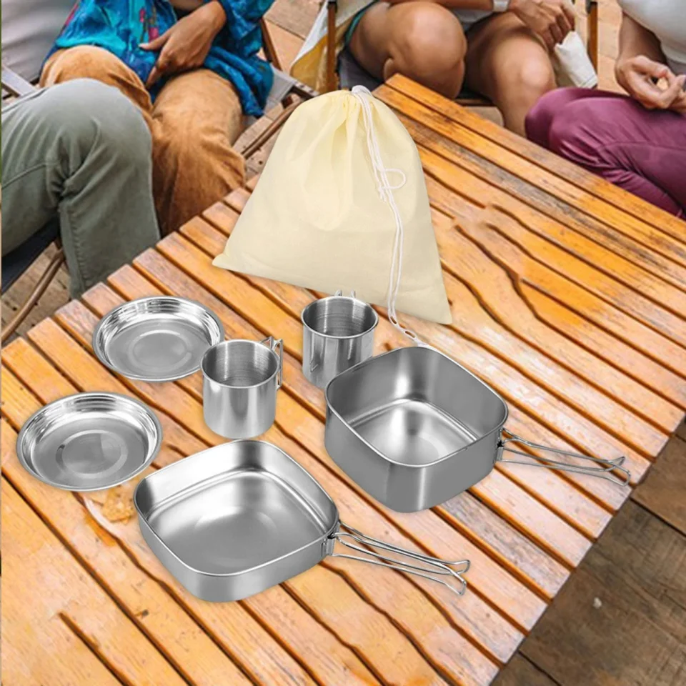 Silicone Cleaning Colaxi 6Pcs/Set Outdoor Cutlery Cooking Tools Stainless Steel Equipment Pot Pan Cup Gear Picnic Tableware for BBQ Outdoor Activities