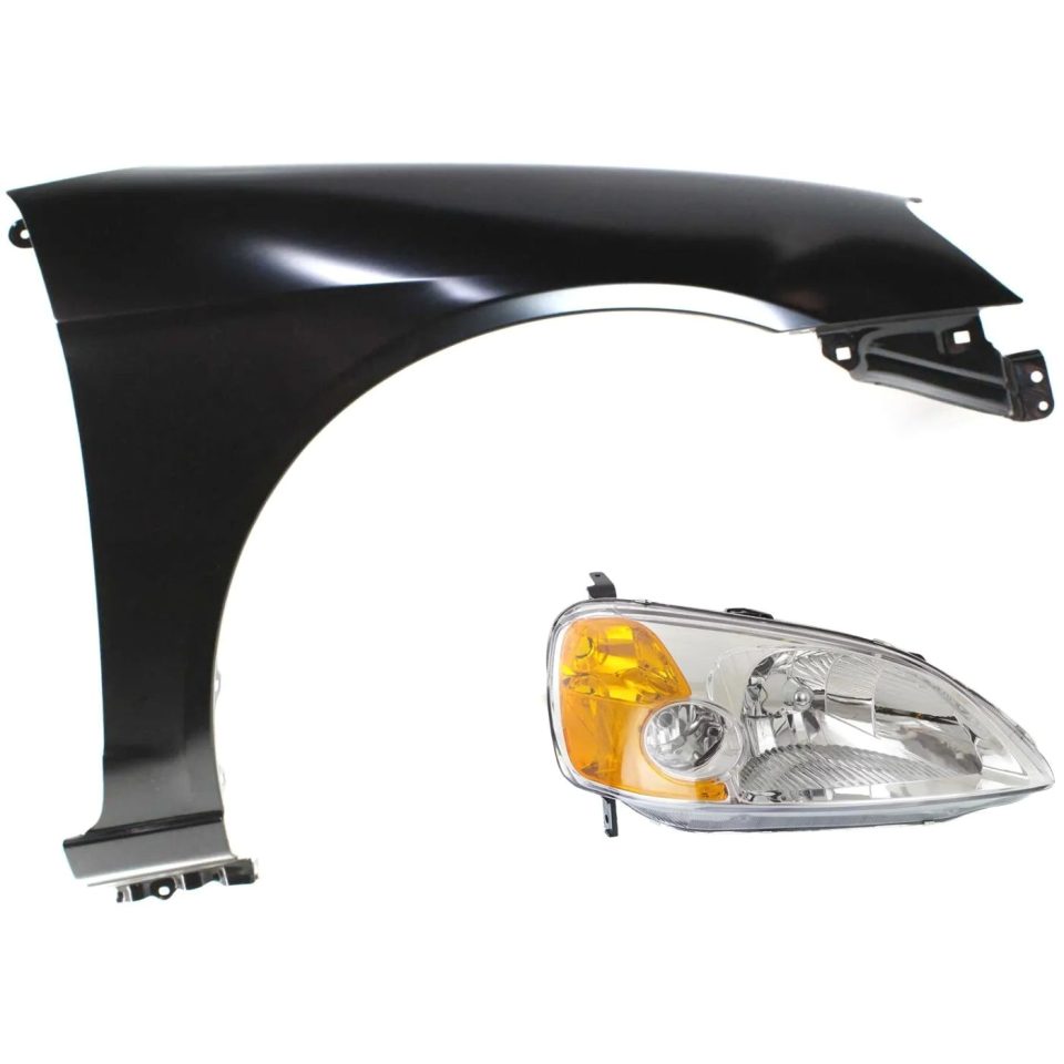 BPA-Free Fender Kit For 2001-2003 Honda Civic Fender and Headlight Right Primed 2pc
