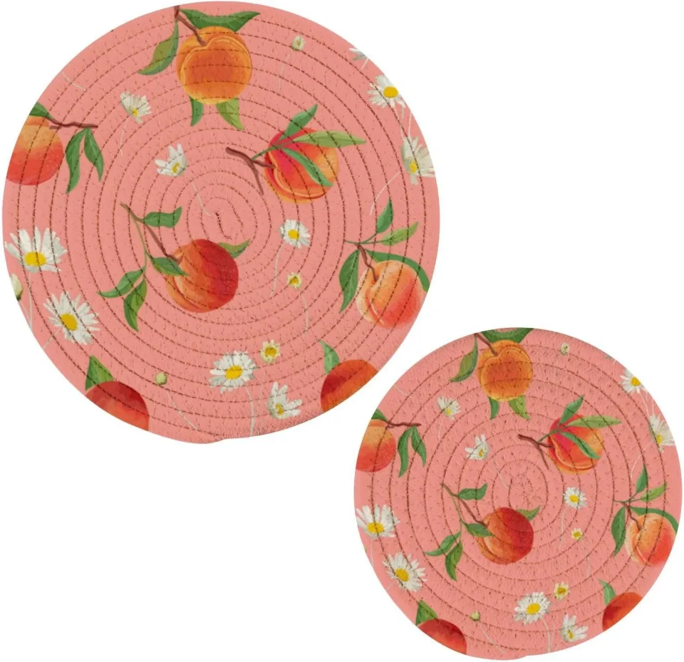 Versatile Best-Selling Bestwell Peach Pattern with Daisy Cotton Pot Holder Set of 2, Pure Cotton Heat Resistant Wear-Resistant and Non-Slip Stylish Round Pot Holder for Daily Kitchen,Dining Table,,Cafe, Restaurant,BBQ