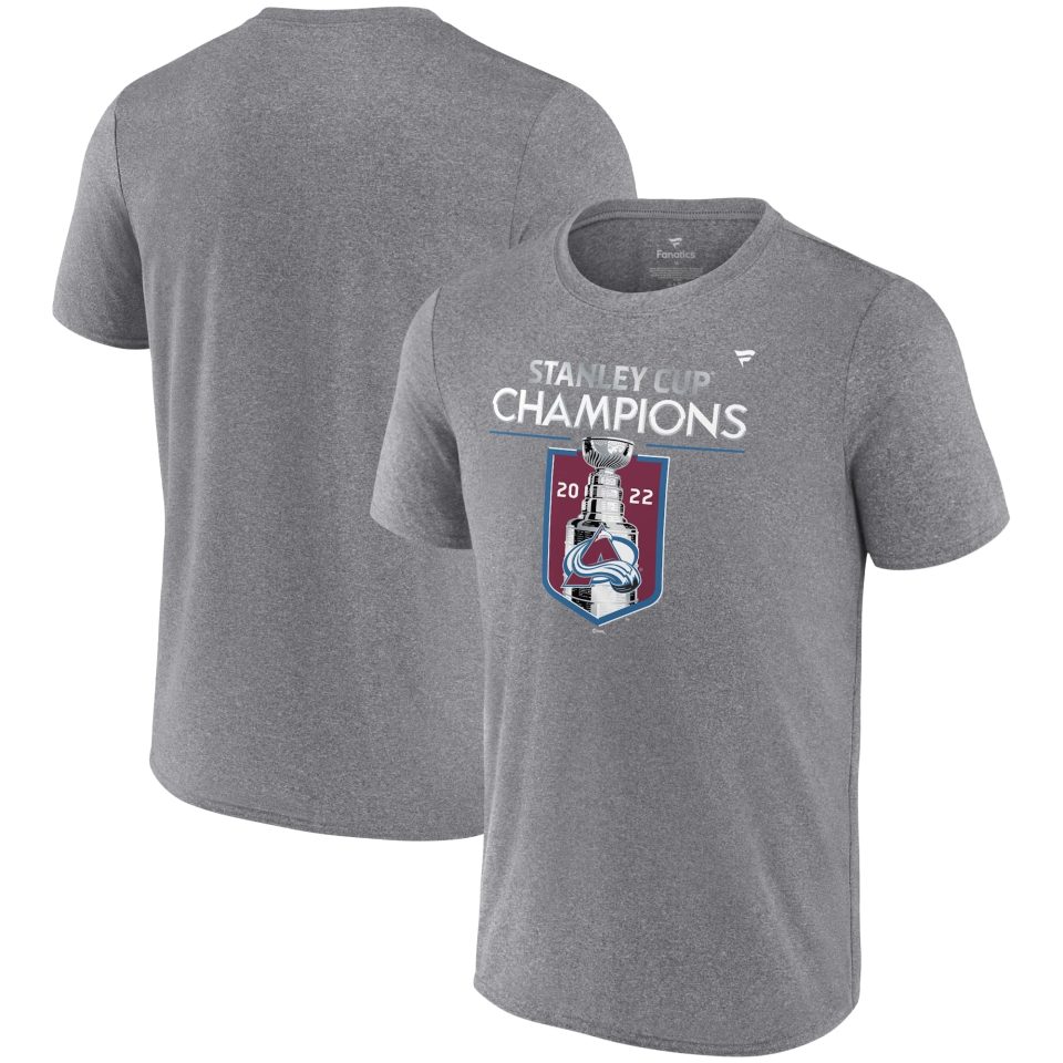 Polished Storage Men's Fanatics Branded Heathered Gray Colorado Avalanche 2022 Stanley Cup Champions Locker Room Performance T-Shirt