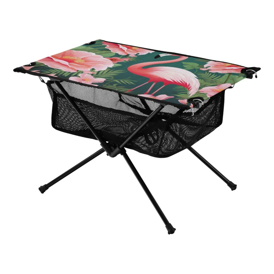 Multi-Purpose Flamingo Palm Leaves Camping Folding Table Portable Beach Table with Storage Bag Compact Picnic Table for Outdoor Travel Fishing BBQ