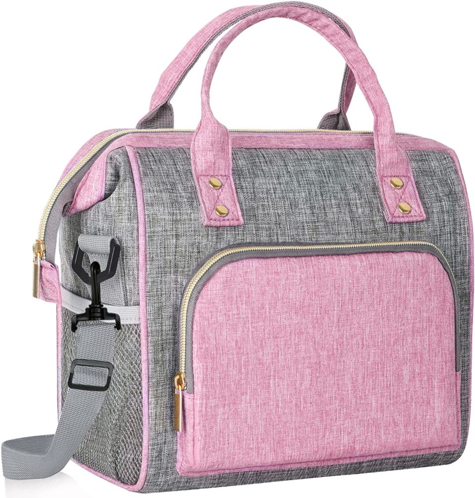 Wooden IDEATECH Insulated Lunch Bag, Reusable Lunch Bags for Women, Pink Cute Lunch Cooler Bag, Leak Proof Tote Bag with Adjustable Shoulder Strap for Women Work, Office, Picnic, Beach(Pink) 12L-Pink